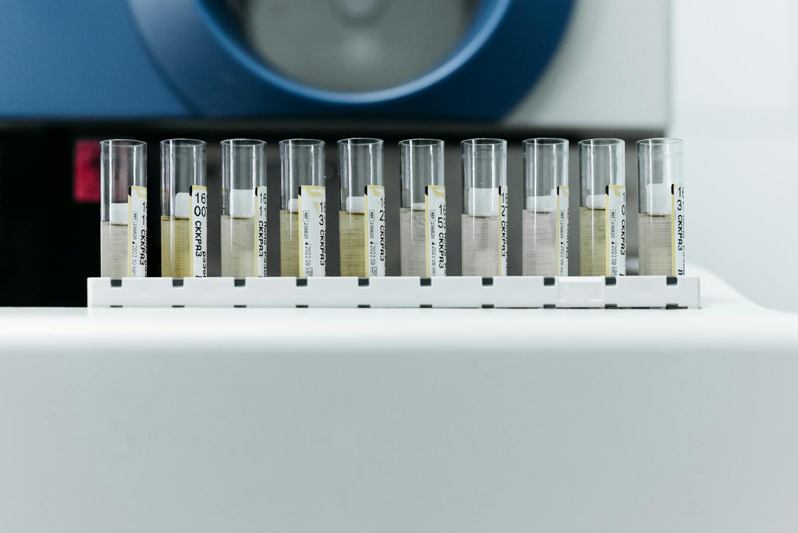 Rând de eprubete de laborator etichetate reprezentând revizuirea ECHA și testarea chimică din spatele restricției universale PFAS a UE